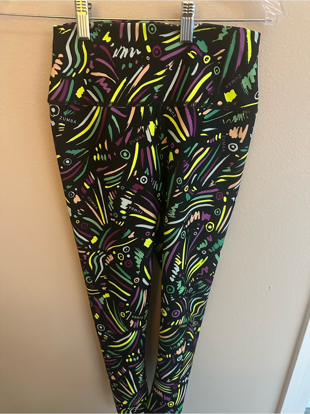 Zumba We are Woman’s Small Black Leggings with Neon Multicolor Scribble Print